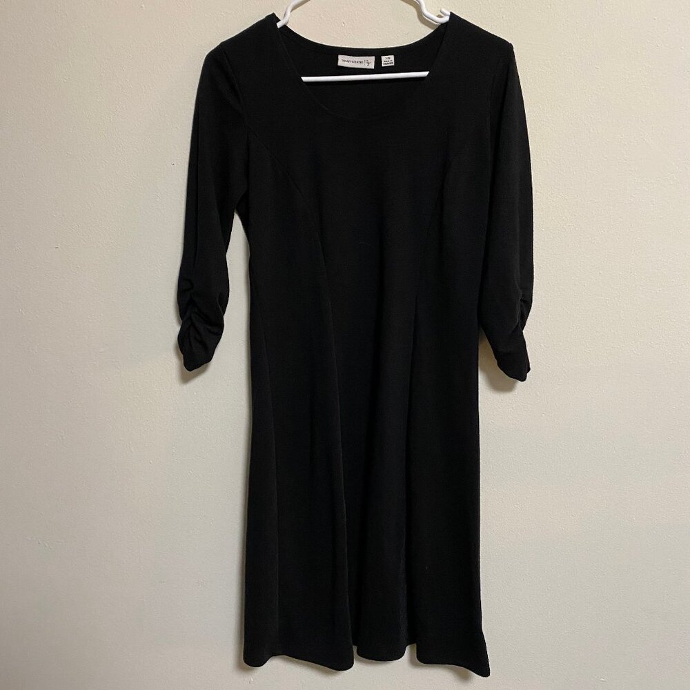 Susan Graver Knee Length Black Dress Shirred Sleeves EUC Sz XXS (Fits as small)